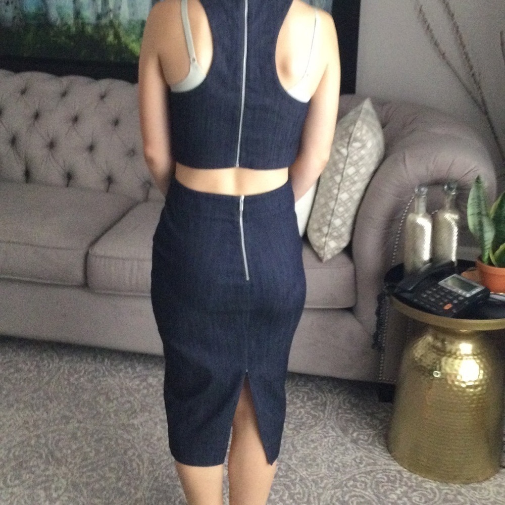 Elizabeth and James dark Jean crop top and pencil skirt
